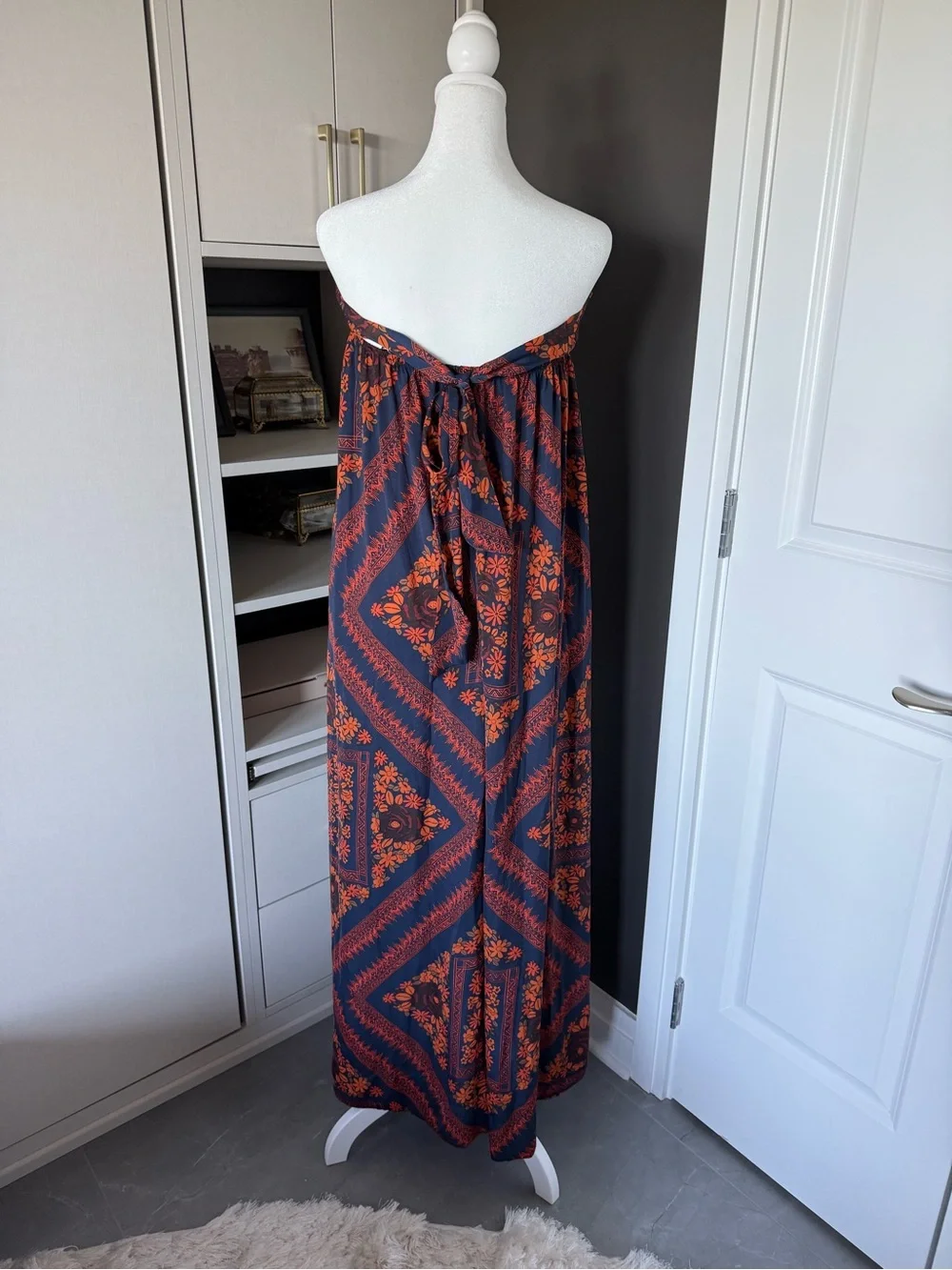 Free People Strapless Maxi Jumpsuit in Navy and Orange Floral Print